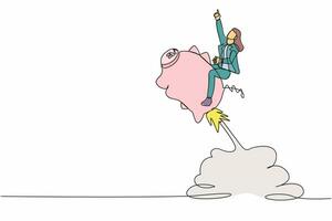 kontinuierlich einer Linie Zeichnung Geschäftsfrau Reiten Schweinchen Bank Rakete fliegend im das Himmel. finanziell, Geschäft Gelegenheit zu Erfolg mit Wettbewerber oder Gewinner. Single Linie zeichnen Design Vektor Illustration