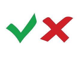 Häkchen-Symbol. Häkchen und Kreuzzeichen. grünes Häkchen ok und rote x-Symbole. ja oder nein Symbolvektor. freier Vektor