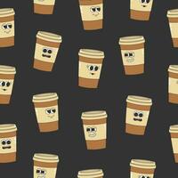 sömlös mönster av häftig kaffe kopp. tecknad serie tecken i trendig retro stil på grå bakgrund vektor