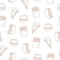 nahtlos Muster mit Linie Kunst heiß Hund, Burger, Französisch Fritten und Pizza. rot Gekritzel Elemente auf Weiß Hintergrund vektor