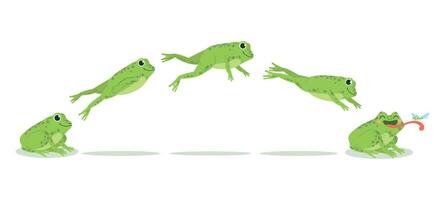 Frosch springen. verschiedene Frosch Springen Animation Reihenfolge, springen Grün Kröte Schlüsselbilder, komisch Wasser Tiere Jagd Insekten, Karikatur Vektor einstellen