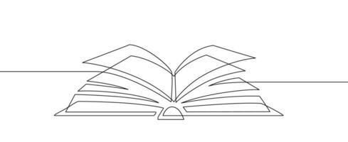 ett linje bok. inlärning och studerar, bibliotek begrepp. kontinuerlig linje konst vektor utbildning och kunskap skiss linjär illustration