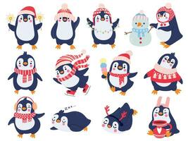 pingvin. hand dragen söt pingviner i vinter- Kläder och hatt, glad jul hälsningar arktisk djur i ytterkläder, barn tecknad serie vektor uppsättning
