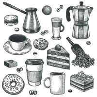 Kaffee und Nachspeisen. skizzieren Kaffee Topf und Hersteller. Tassen, Kuchen und Kekse, Muffins, Krapfen. Gebäck, Süss Frühstück Jahrgang Vektor einstellen