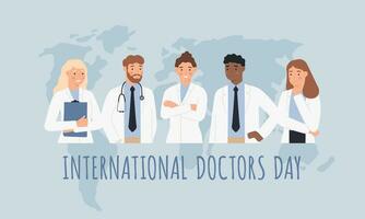 internationell doktorer dag. klinisk proffs, män och kvinnor doktorer i vit medicinsk kappor med värld Karta. sjukvård vektor begrepp