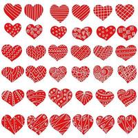 uppsättning utsmyckade doodles alla hjärtans med mönster, snidade zenhjärtan i rött för alla hjärtans dag vektor