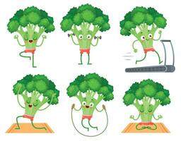 Karikatur Brokkoli Charakter Fitness. Gemüse tun Übungen mit Hanteln, Laufen auf Laufband und Springen vektor
