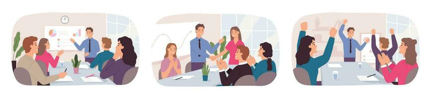 företag handla Framgång. kontor människor diskutera aning på möte, partnerskap handslag, team firande. anställd karriär tillväxt vektor begrepp