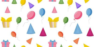 sömlös bakgrund för en fest med ballonger, gåvor, kepsar. mall för fester, födelsedag partier. vektor illustration.