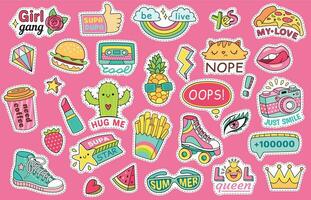 fashioned flicka märken, klistermärken med regnbåge och hamburgare, gymnastiksko och glasögon, läppstift och vattenmelon vektor