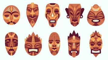 ethnisch Masken. traditionell Ritual, zeremoniell afrikanisch, hawaiisch oder aztekisch Maske mit ethnisch Karneval Ornamente, Antiquität Kultur Vektor einstellen