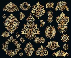 gyllene damast- prydnad. årgång blommig kvistar mönster, barock ornament vektor