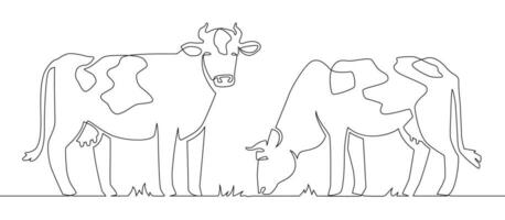 einer Linie Kühe. Milch Kuh Tier, Vieh und Rindfleisch Fleisch und Kalb Bauernhof kontinuierlich Linie Kunstwerk Vektor Konzept