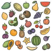 skiss frukter. hand dragen Färg frukt äpple, orange och citron, banan och kiwi, körsbär och bär vegan naturlig mat klotter vektor uppsättning