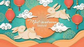 Mitte Herbst. glücklich Chinesisch Herbst Festival, Kaninchen und asiatisch Blumen und Laternen, Mond und Wolken, orientalisch Stil Vektor Hintergrund