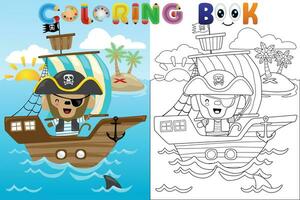 Vektor Färbung Buch mit Affe Pirat auf Segelboot