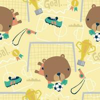 sömlös mönster vektor av tecknad serie söt Björn målvakt med fotboll element