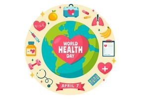 värld hälsa dag vektor illustration på april 7:e med jord och medicinsk Utrustning för de betydelse av friska och livsstil i tecknad serie bakgrund