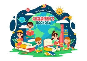 internationell barns bok dag vektor illustration på 2 april med barn läsning en böcker och klot Karta i platt tecknad serie bakgrund design