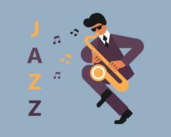 Jazz Poster, Musiker mit Saxophon. Musik- Banner, Einladung, Flyer. eben Stil, Vektor