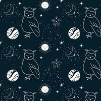 nahtlos Muster, Mond, Eulen, Sterne und Sternbilder auf ein Hintergrund von das Nacht Himmel. Raum Hintergrund, Textil, Vektor