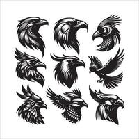 Raubtier Vogel Kopf einstellen Vektor Illustration im schwarz und Weiß Farben isoliert auf grau Hintergrund