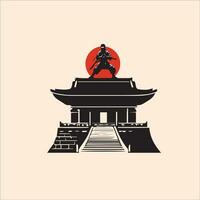svart silhuett av en kung fu bemästra stående i främre av de gammal tempel. vektor