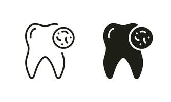 tand bakterie silhuett och linje ikon uppsättning. oral virus problem piktogram. mikrob och infektion på mänsklig tand. dental behandling svart symbol samling. isolerat vektor illustration.