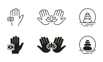 wellness silhuett och linje ikoner uppsättning. massage och akupunktur piktogram. välbefinnande svart symbol samling. mänsklig hand innehav lotus, sten balans. isolerat vektor illustration.