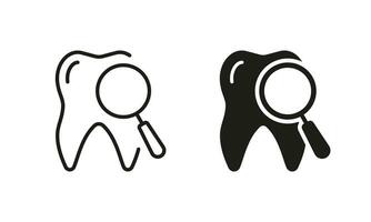 Dental Diagnose Silhouette und Linie Symbol Satz. Zahn medizinisch Prüfung Piktogramm. Lupe Glas zum Zähne Verhütung Untersuchung. Dental Behandlung schwarz Symbol Sammlung. isoliert Vektor Illustration.