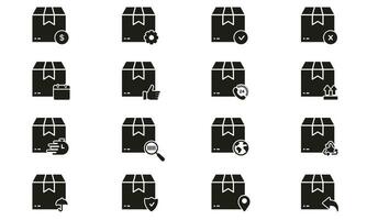 Karton Box Silhouette Symbol Satz. Karton Paket zum Versand Glyphe Piktogramm. Post- Sendung, Lieferung Bedienung Symbol Sammlung. Ladung Transport solide unterzeichnen. isoliert Vektor Illustration.