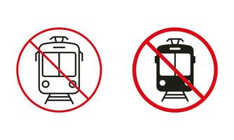 Straßenbahn nicht erlaubt Straße unterzeichnen. Straßenbahn Weg Kreis Symbol Satz. elektrisch Straßenbahn verbieten der Verkehr rot unterzeichnen. Warnung Stadt Transport Linie und Silhouette verboten Symbole. isoliert Vektor Illustration.