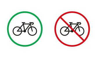 cykel varning tecken uppsättning. cykling tillåten och förbjuda silhuett ikoner. kör cykel röd och grön cirkel symbol. cykel lopp zon. isolerat vektor illustration.