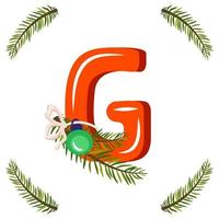 röd bokstav g med grön julgransgren, boll med rosett. festligt teckensnitt för gott nytt år och ljusa alfabetet vektor