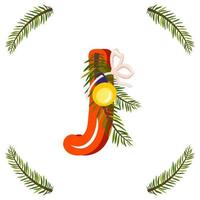 roter Buchstabe j mit grünem Weihnachtsbaumast, Kugel mit Schleife. festliche Schrift für ein frohes neues Jahr und ein helles Alphabet vektor