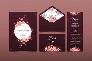 Kartenset mit Kirschblüten, Blättern. Hochzeitskonzept. dekorativer Hochzeitskartenvektor oder Einladungsdesignhintergrund vektor