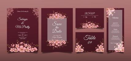 Kartenset mit Kirschblüten, Blättern. Hochzeitskonzept. dekorativer Hochzeitskartenvektor oder Einladungsdesignhintergrund vektor