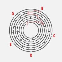 abstraktes rundes Labyrinth. Spiel für Kinder. Kinderpuzzle. fünf Eingänge, ein Ausgang. Labyrinth Rätsel. einfache flache Vektorillustration lokalisiert auf weißem Hintergrund. mit der Antwort. vektor