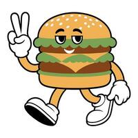 burger söt trendig retro tecknad serie vektor hand dragen isolerat på vit bakgrund.