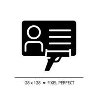 2d Pixel perfekt Glyphe Stil Waffe Lizenz Symbol, isoliert Vektor, eben Silhouette Illustration Darstellen Waffen. vektor