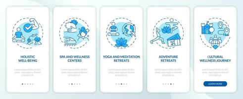 2d ikoner representerar medicinsk turism mobil app skärm uppsättning. genomgång 5 steg blå grafisk instruktioner med tunn linje ikoner begrepp, ui, ux, gui mall. vektor