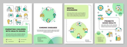 Grün Erziehung Kinder mit Gesundheit Probleme Broschüre Vorlage, Flugblatt Design mit dünn linear Symbole, 4 Vektor Grundrisse.