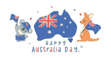 Australien Tag Banner, bezaubernd Tier Baby Känguru und Koala Karikatur Tier mit Karte und fla vektor