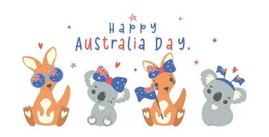 Australien dag baner, grupp av djur- bebis kängurur och koalor tecknad serie djur- med ballonger och fla vektor