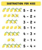 subtraktion spel med citroner. pedagogisk matematik spel för förskolebarn dagis. inlärning matematiskt sidor. vektor