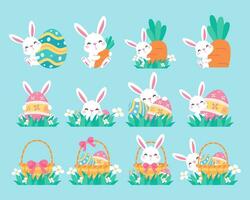ein Karikatur Hase versteckt hinter farbenfroh dekoriert Ostern Eier während das Ostern Ei Festival. vektor
