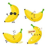 komisch Banane Zeichen bündeln Satz. Vektor Hand gezeichnet Gekritzel Stil Karikatur Charakter Illustration Symbol Design. süß Banane Maskottchen Charakter Sammlung
