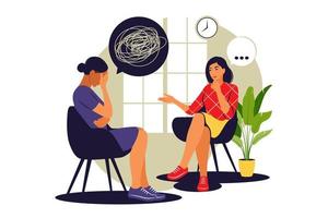 terapi och rådgivning under stress och depression. kvinna psykoterapeut stödjer tjej med problem. vektor illustration. platt