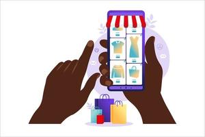 Online-Shopping auf dem Handy. Zahlung im Online-Shop. Bankkreditkarten, sichere Online-Zahlungen und Finanzrechnungen. Smartphone-Geldbörsen, digitale Bezahltechnologie. flache Vektorillustration. vektor