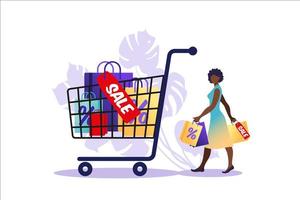 junge afrikanische frau geht mit papiertüten und großem karren. Konzept des Online- und Offline-Shoppings, Verkauf, Rabatt. Vektor-Illustration für Web-Banner, Infografiken, Handy. Abbildung im flachen Stil. vektor